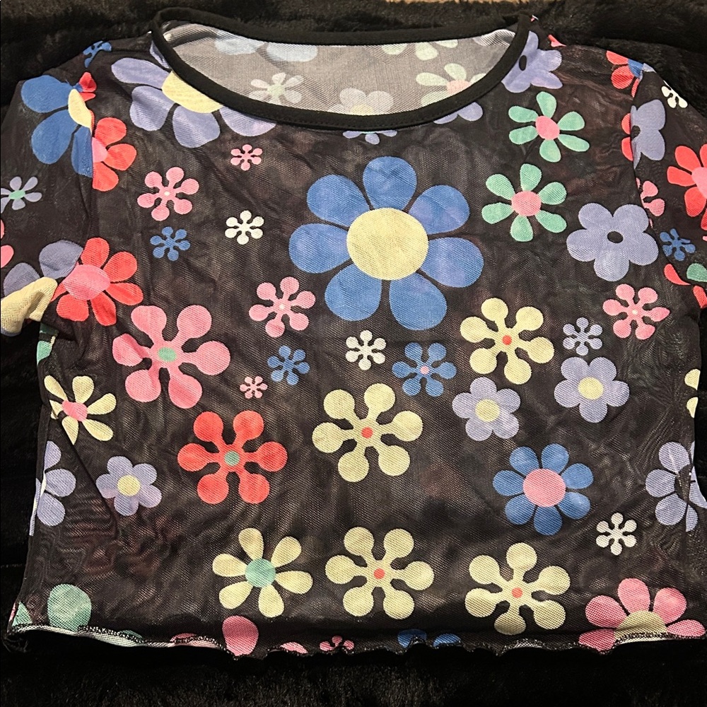 Black Floral Mesh Crop Top